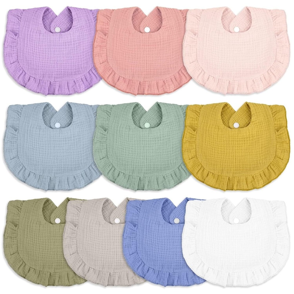 Seematn 10-Pack Baby Muslin Ruffle Bandana Bibs - Newborn to 36MO - Light Colors